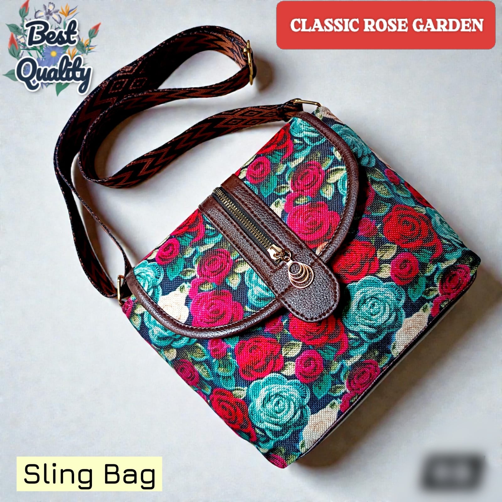 Premium Floral Sling Bag with Adjustable Designer Strap