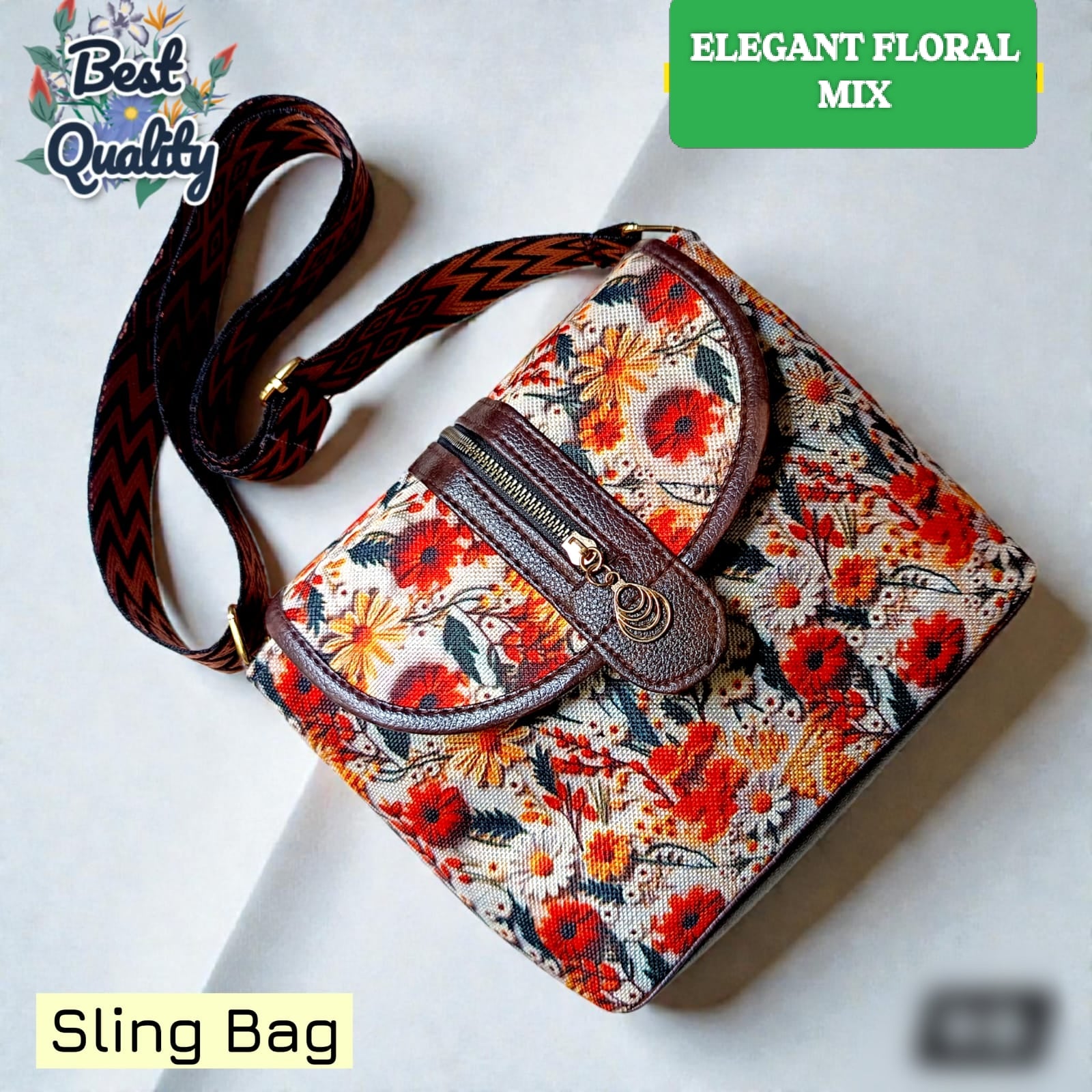 Premium Floral Sling Bag with Adjustable Designer Strap